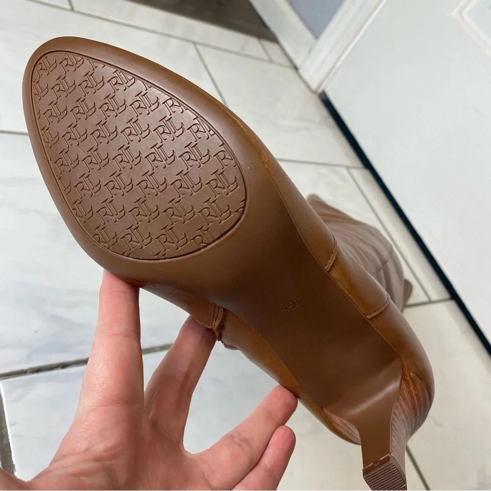 Ralph Lauren caelynn tall knee high caramel leather boots short heel 9.5 NEW - Picture 13 of 13